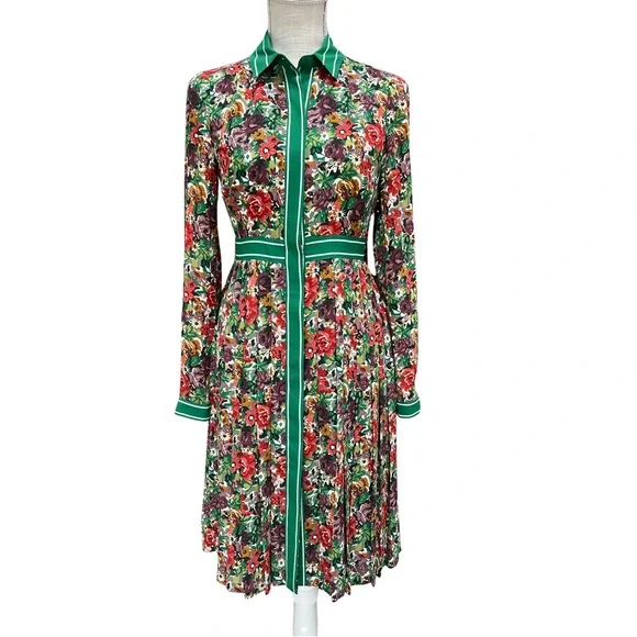 Brooks Brothers Retro Multicolor Floral Long Sleeve Dress with Green Stripe Band - Picture 2 of 12